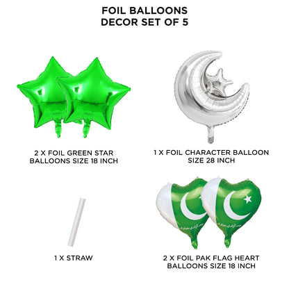 Moon & Star Pak Flag Heart Foil Balloon Set Pack of 5 – Pakistan Independence Day Party Decorations