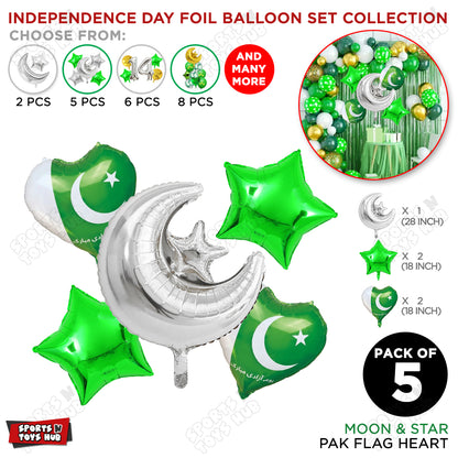 Moon & Star Pak Flag Heart Foil Balloon Set Pack of 5 – Pakistan Independence Day Party Decorations
