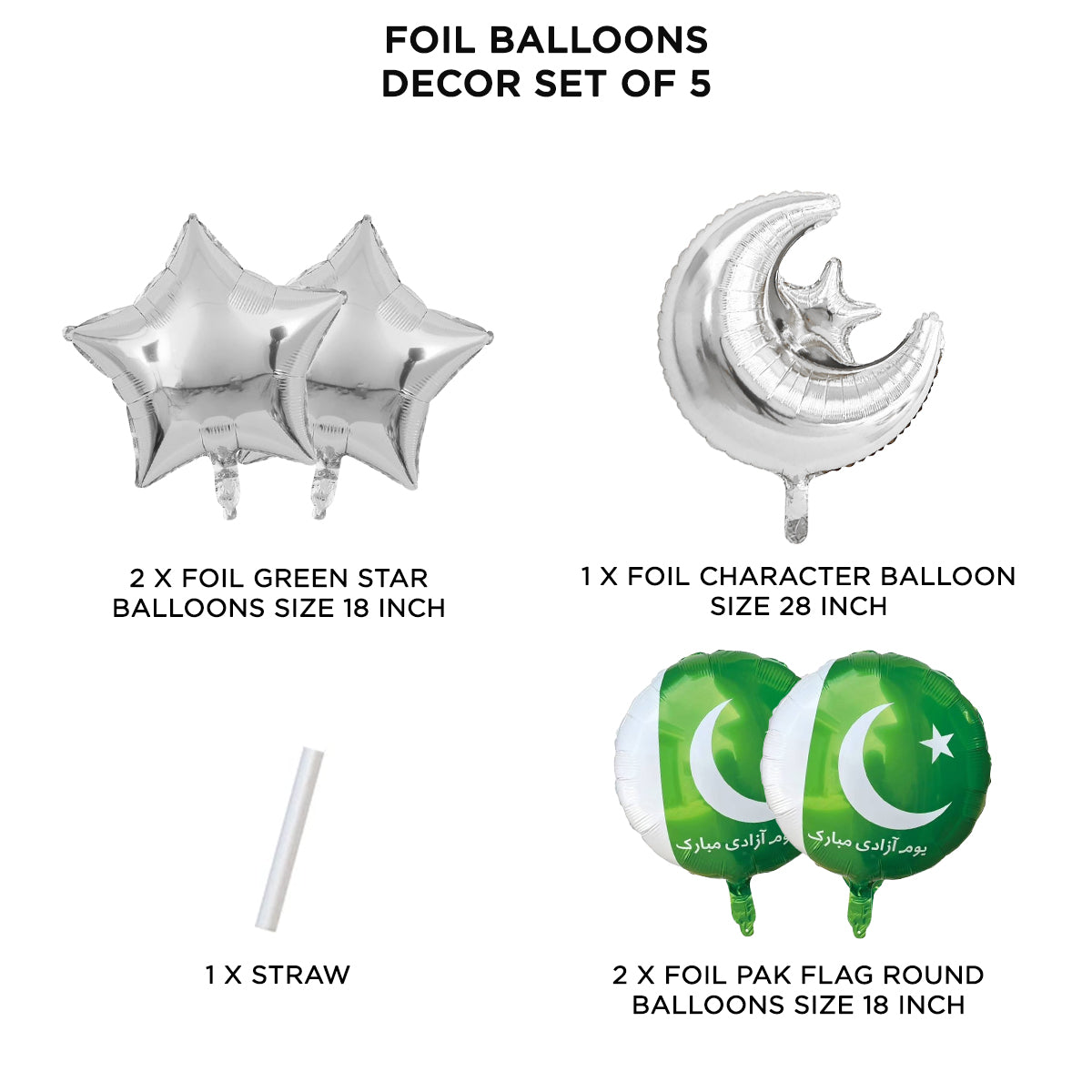 Moon & Star Pak Flag Round Foil Balloon Set Pack of 5 – Pakistan Independence Day Party Decorations