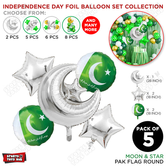 Moon & Star Pak Flag Round Foil Balloon Set Pack of 5 – Pakistan Independence Day Party Decorations