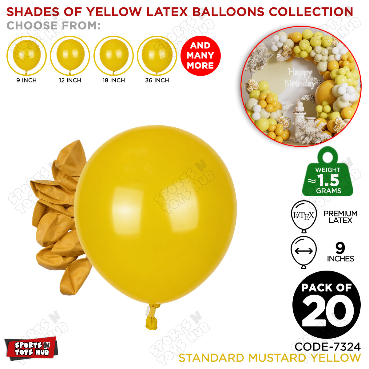 Mustard Yellow Latex Balloons Available In 9, 12, 18 & 36 Inch Sizes