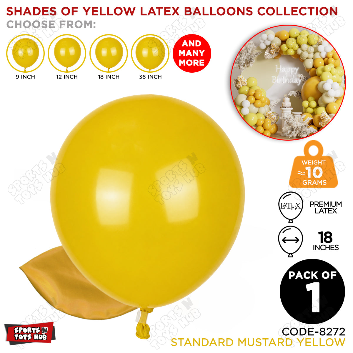 Mustard Yellow Latex Balloons Available In 9, 12, 18 & 36 Inch Sizes