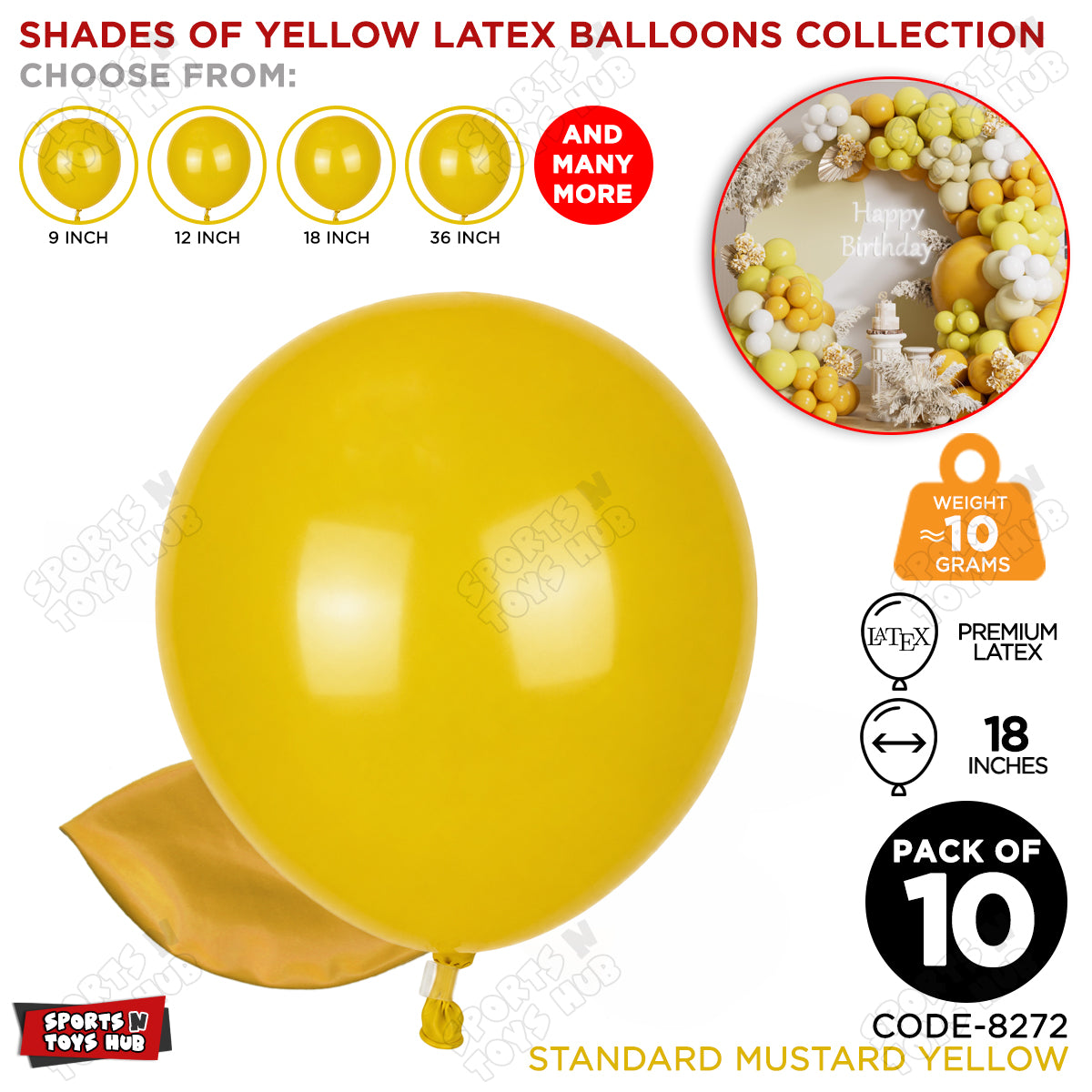Mustard Yellow Latex Balloons Available In 9, 12, 18 & 36 Inch Sizes