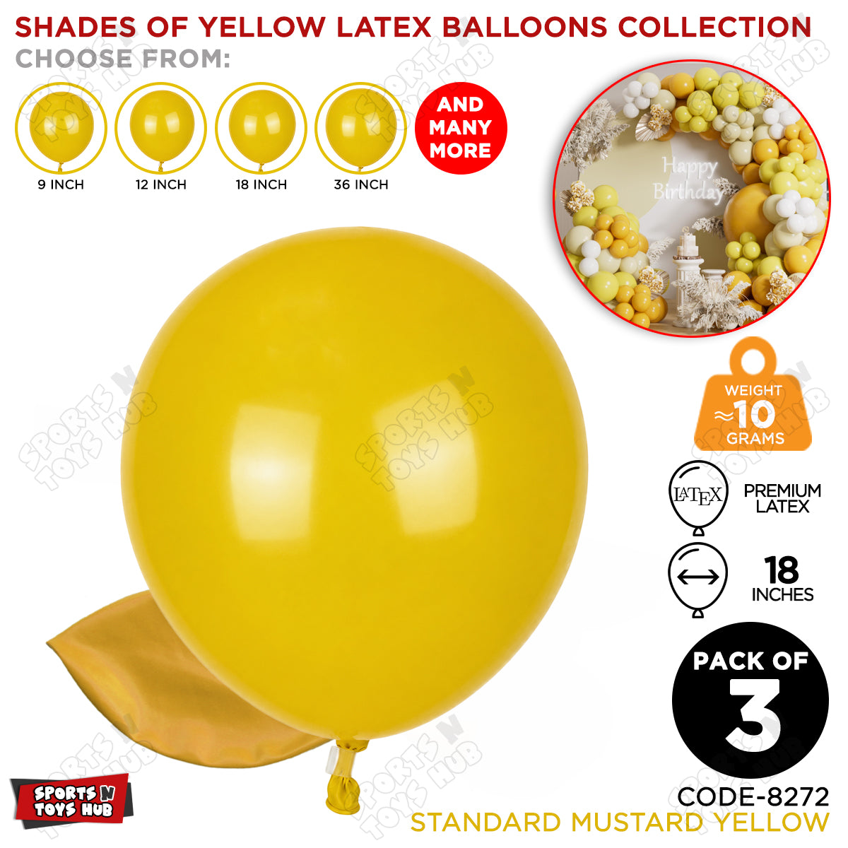 Mustard Yellow Latex Balloons Available In 9, 12, 18 & 36 Inch Sizes