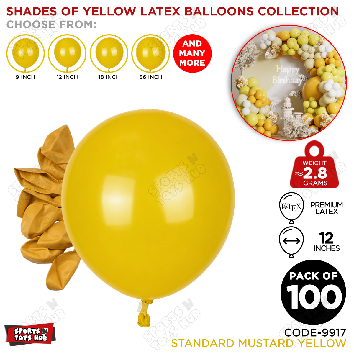 Mustard Yellow Latex Balloons Available In 9, 12, 18 & 36 Inch Sizes