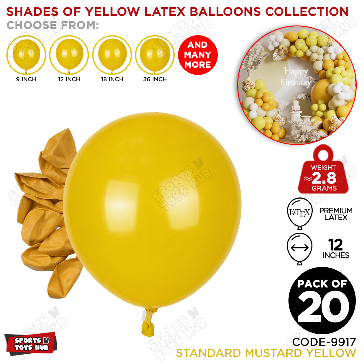Mustard Yellow Latex Balloons Available In 9, 12, 18 & 36 Inch Sizes