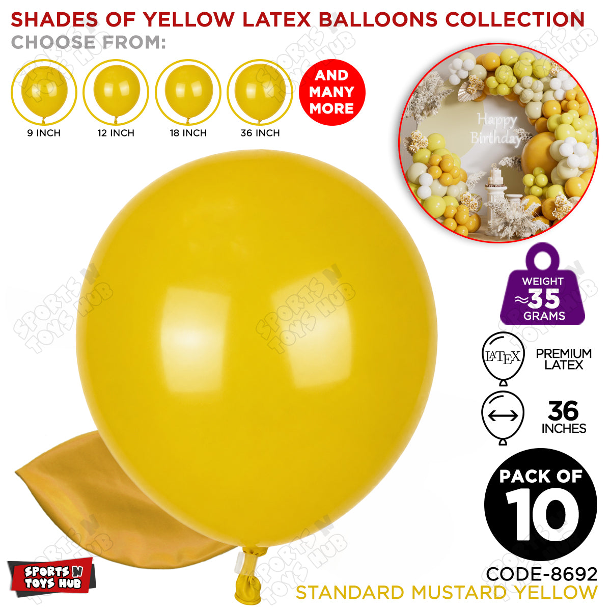 Mustard Yellow Latex Balloons Available In 9, 12, 18 & 36 Inch Sizes