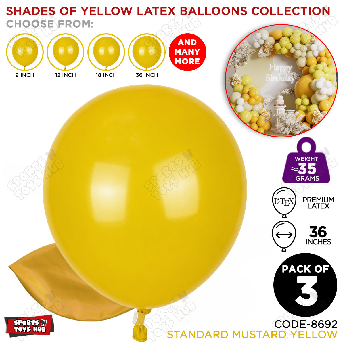 Mustard Yellow Latex Balloons Available In 9, 12, 18 & 36 Inch Sizes