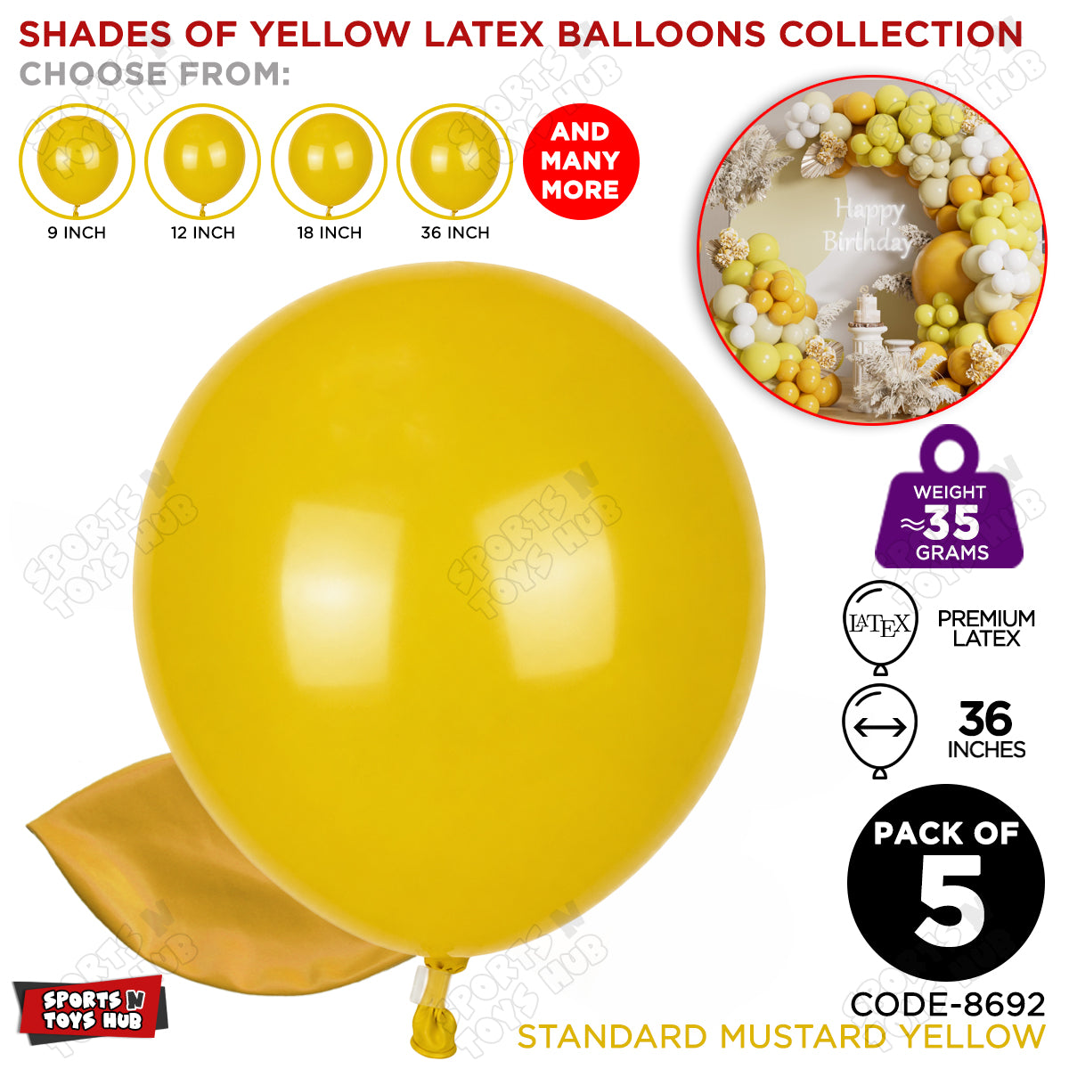 Mustard Yellow Latex Balloons Available In 9, 12, 18 & 36 Inch Sizes