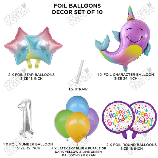 NarWhale Foil Balloon Pack Of 10 Set With 32 Inch Foil Number Balloons