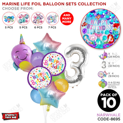 NarWhale Foil Balloon Pack Of 10 Set With 32 Inch Foil Number Balloons