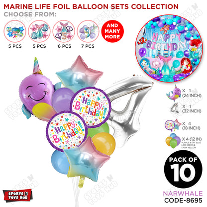 NarWhale Foil Balloon Pack Of 10 Set With 32 Inch Foil Number Balloons