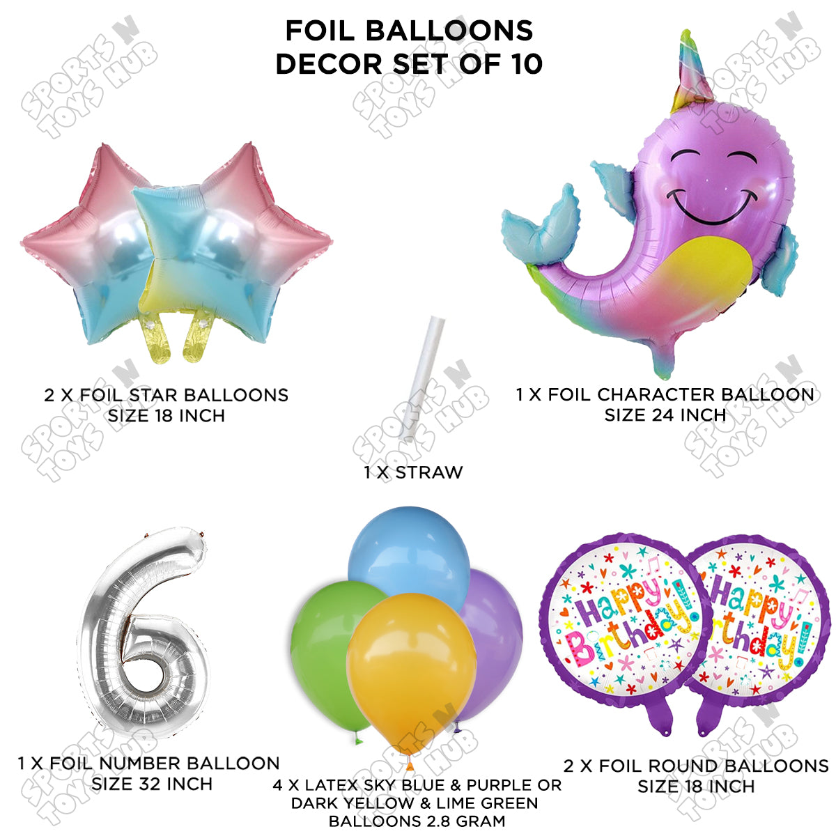 NarWhale Foil Balloon Pack Of 10 Set With 32 Inch Foil Number Balloons