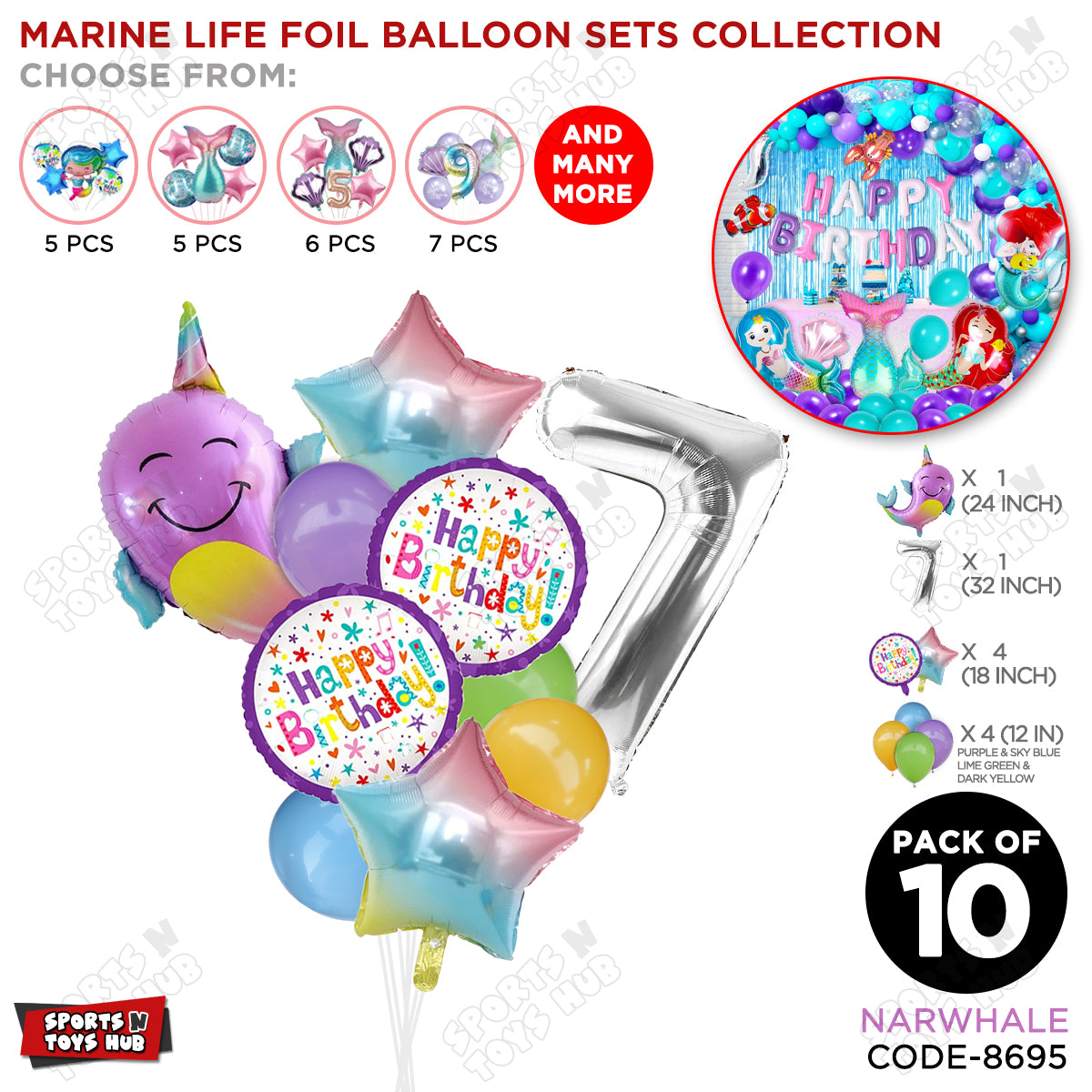 NarWhale Foil Balloon Pack Of 10 Set With 32 Inch Foil Number Balloons