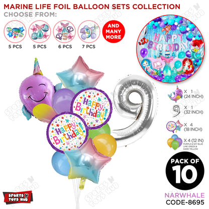 NarWhale Foil Balloon Pack Of 10 Set With 32 Inch Foil Number Balloons