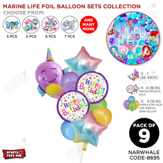 Narwhal Foil Balloon Decoration Set Pack of 9 – Premium Under the Sea Birthday Party Balloons for Girls, Baby Shower, Ocean Theme, Photo Booth & Event Decor