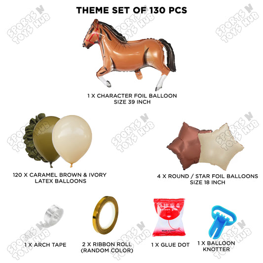Caramel Brown & Ivory Balloon Arch Garland Kit with Cartoon Horse Foil Balloons – 130 Pcs Horse Theme Birthday Party Decorations for Kids, Boys & Girls, Balloon Arch Kit, Baby Shower & Farm Animal Party Supplies