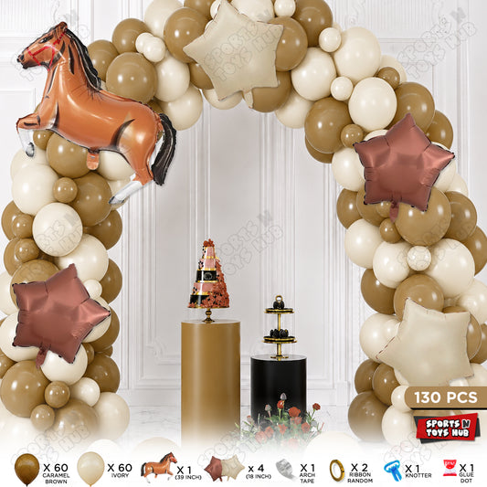Caramel Brown & Ivory Balloon Arch Garland Kit with Cartoon Horse Foil Balloons – 130 Pcs Horse Theme Birthday Party Decorations for Kids, Boys & Girls, Balloon Arch Kit, Baby Shower & Farm Animal Party Supplies