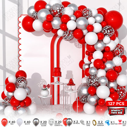 Red, White & Silver Chrome Balloon Arch Garland Kit with Silver Confetti Balloons – 127 Pcs DIY Birthday Party Decorations for Kids, Boys & Girls, Baby Shower, Farm Animal Theme, Balloon Arch Kit & Event Party Supplies