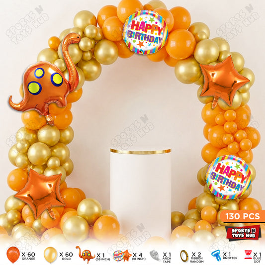 Orange & Gold Color Balloon Arch Garland Theme Kit with Brontosaurus Foil Balloon Set – 130 Pcs Dinosaur Birthday Party Decoration Kit for Kids, Baby Shower & Jungle Theme Events