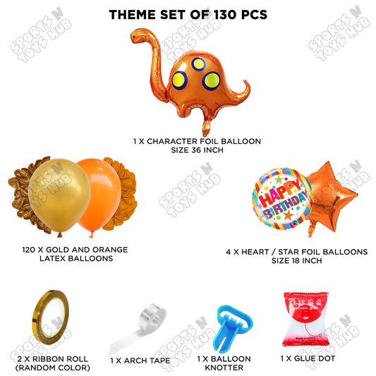 Orange & Gold Color Balloon Arch Garland Theme Kit with Brontosaurus Foil Balloon Set – 130 Pcs Dinosaur Birthday Party Decoration Kit for Kids, Baby Shower & Jungle Theme Events
