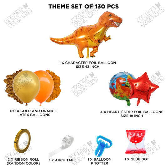 Orange & Gold Color Balloon Arch Garland Theme Kit with T-Rex Dinosaur Foil Balloon Set – 130 Pcs Premium Dinosaur Birthday Party Decorations for Kids, Baby Shower, Jungle Safari Theme & Balloon Arch Decor