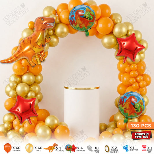 Orange & Gold Color Balloon Arch Garland Theme Kit with T-Rex Dinosaur Foil Balloon Set – 130 Pcs Premium Dinosaur Birthday Party Decorations for Kids, Baby Shower, Jungle Safari Theme & Balloon Arch Decor