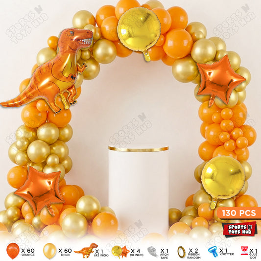 Orange & Gold Color Balloon Arch Garland Theme Kit with Jumbo Orange T-Rex Dinosaur Foil Balloon Set – 130 Pcs Premium Dinosaur Birthday Party Decorations for Kids, Baby Shower, Jungle Safari Theme & Balloon Arch Decor