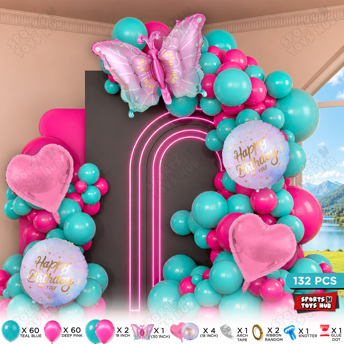 Gradient Blue & Pink Color Butterfly Foil Balloon Set Arch Theme - Pack Of 132