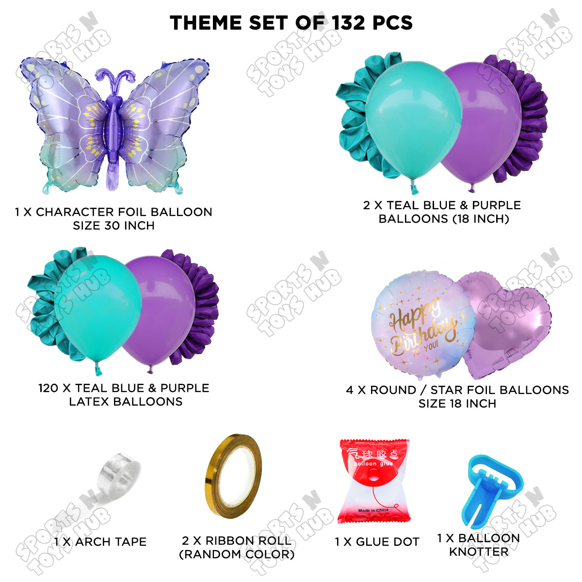 Gradient Blue & Purple Color Butterfly Foil Balloon Set Arch Theme - Pack Of 132