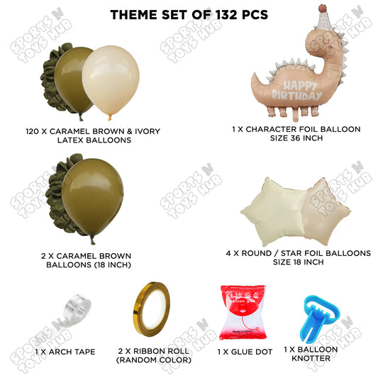 Caramel Brown & Ivory Color Balloon Arch Garland Theme Kit with Pastel Matte HBD Dino Foil Balloon Set – 132 Pcs Premium Dinosaur Birthday Party Decorations for Kids, Baby Shower, Jungle Safari Theme & Balloon Arch Decor