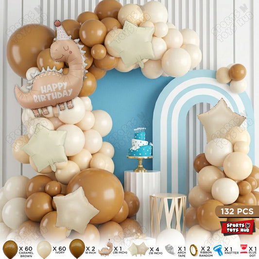 Caramel Brown & Ivory Color Balloon Arch Garland Theme Kit with Pastel Matte HBD Dino Foil Balloon Set – 132 Pcs Premium Dinosaur Birthday Party Decorations for Kids, Baby Shower, Jungle Safari Theme & Balloon Arch Decor