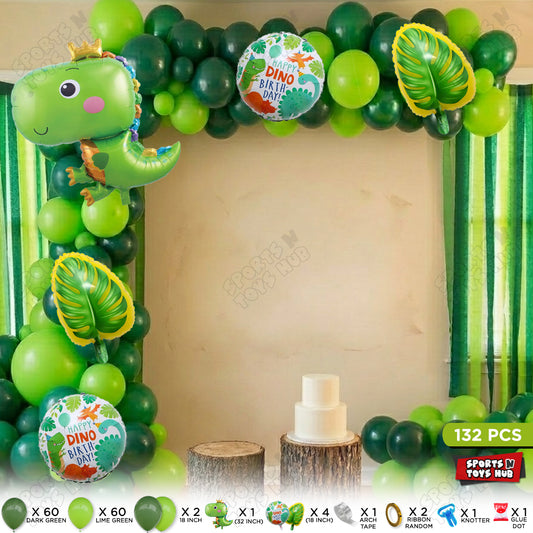 Dark Green & Lime Green Color Balloon Arch Garland Theme Kit with Jumbo Happy Dinosaur Green Foil Balloon Set – 132 Pcs for Dinosaur Birthday, Kids Party, Baby Shower & Jungle Safari Decorations