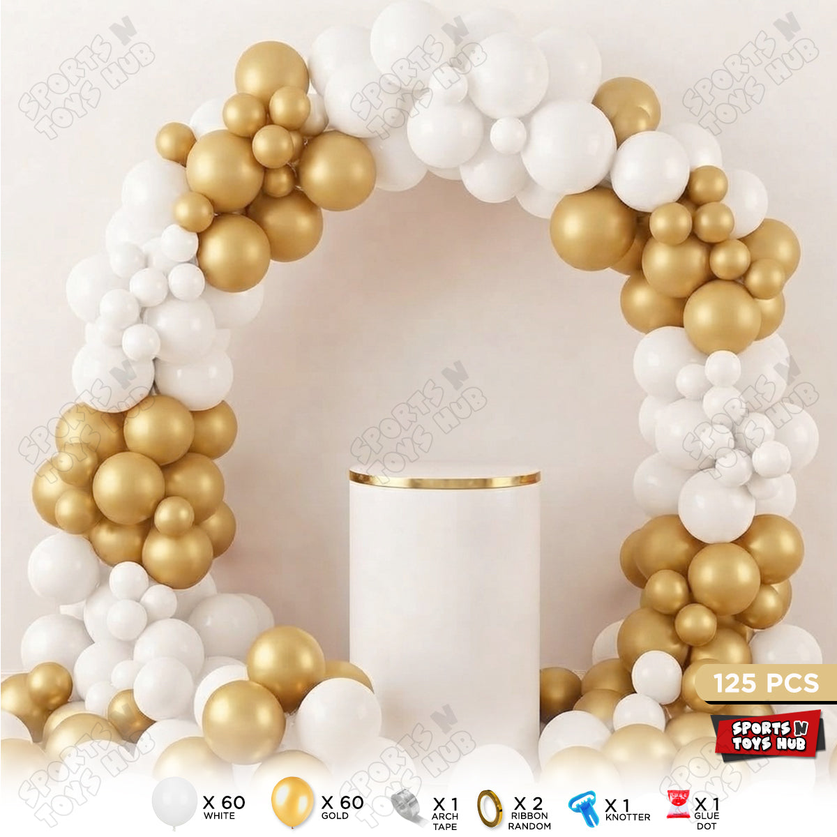 White & Gold Latex Balloon Arch Kit – Pack of 125, White & Gold Balloon Garland