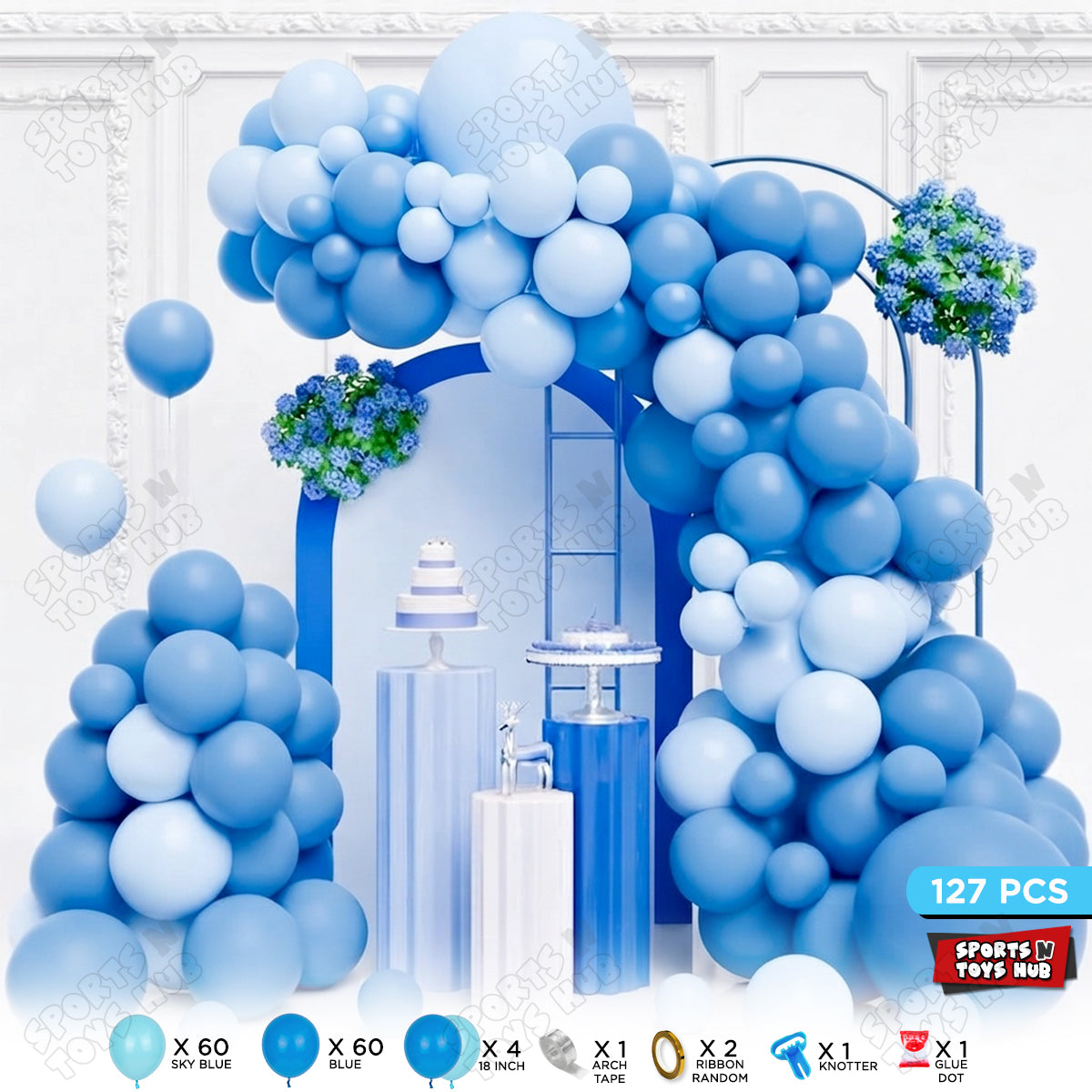 Baby Boy Character Theme Sky Blue & Blue Color Latex Balloon Set Arch Kit – Pack of 127 | Baby Shower Balloon Garland