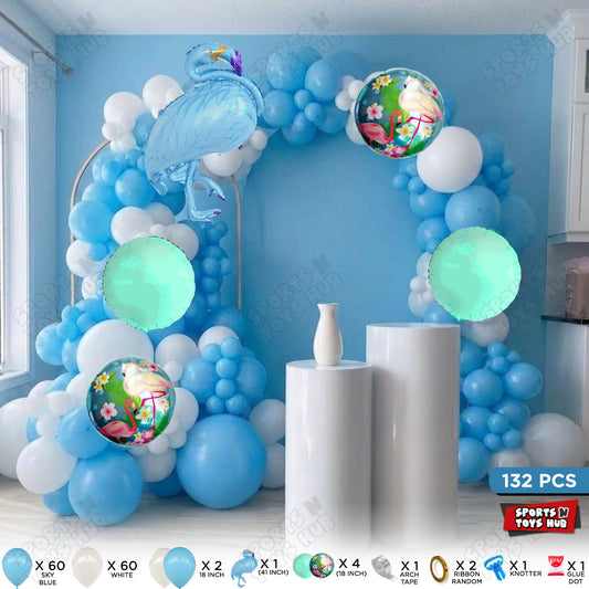 Sky Blue & White Color Latex Balloon With Flamingo Foil Set Arch Theme