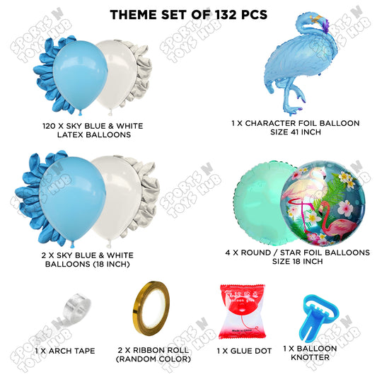 Sky Blue & White Color Latex Balloon With Flamingo Foil Set Arch Theme
