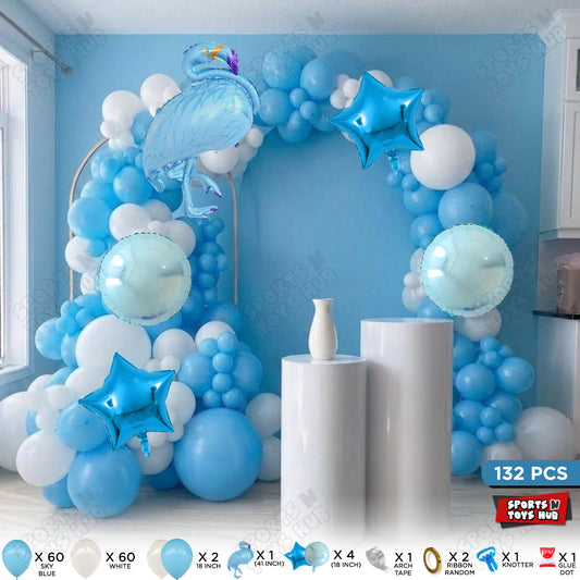 Sky Blue & White Color Latex Balloon With Flamingo Bird Cartoon Character Foil Set Arch Theme