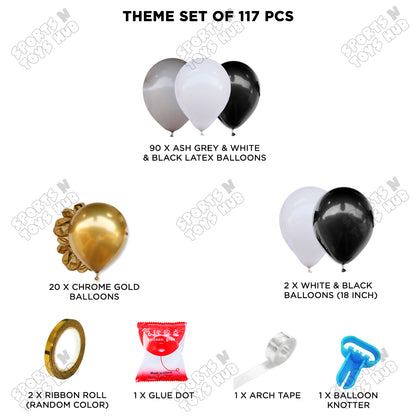 Black Gold & Grey Balloon Arch Garland Kit – 117 PCS Premium Chrome Gold, White & Ash Grey Balloons