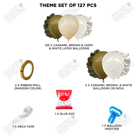 127 PCS Neutral Balloon Arch Garland Kit – Caramel Brown, Ivory & White Balloons with Arch Tape, Ribbon, Glue Dot | Elegant Birthday & Event Backdrop Decoration