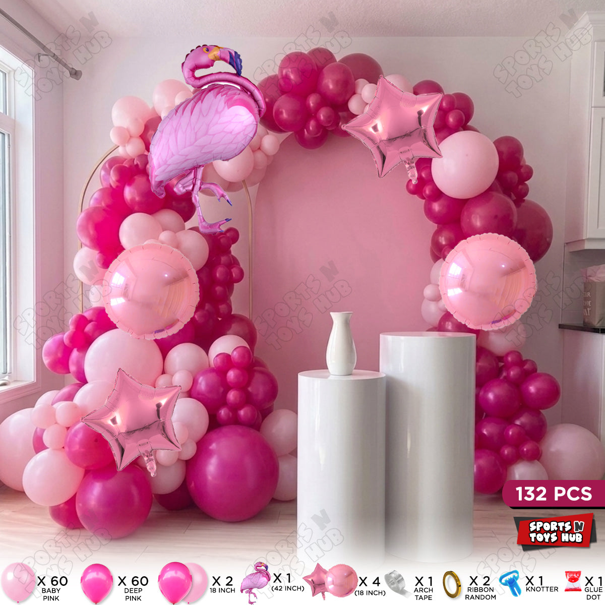 Baby Pink & Deep Pink Color Latex Balloon With Flamingo Bird Cartoon Character Foil Set Arch Theme