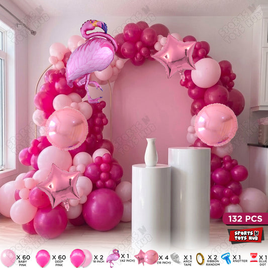 Baby Pink & Deep Pink Color Latex Balloon With Flamingo Bird Cartoon Character Foil Set Arch Theme