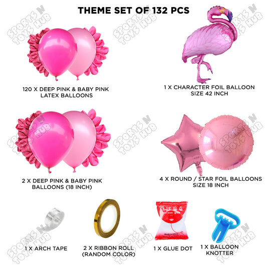 Baby Pink & Deep Pink Color Latex Balloon With Flamingo Bird Cartoon Character Foil Set Arch Theme
