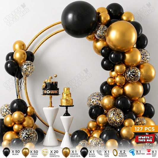 Black & Gold Balloon Arch Garland Kit – 127 PCS Luxury Chrome Gold & Black Party Decoration Set with Confetti Balloons, Arch Tape, Ribbon & Knotter For Birthday, Wedding & Events