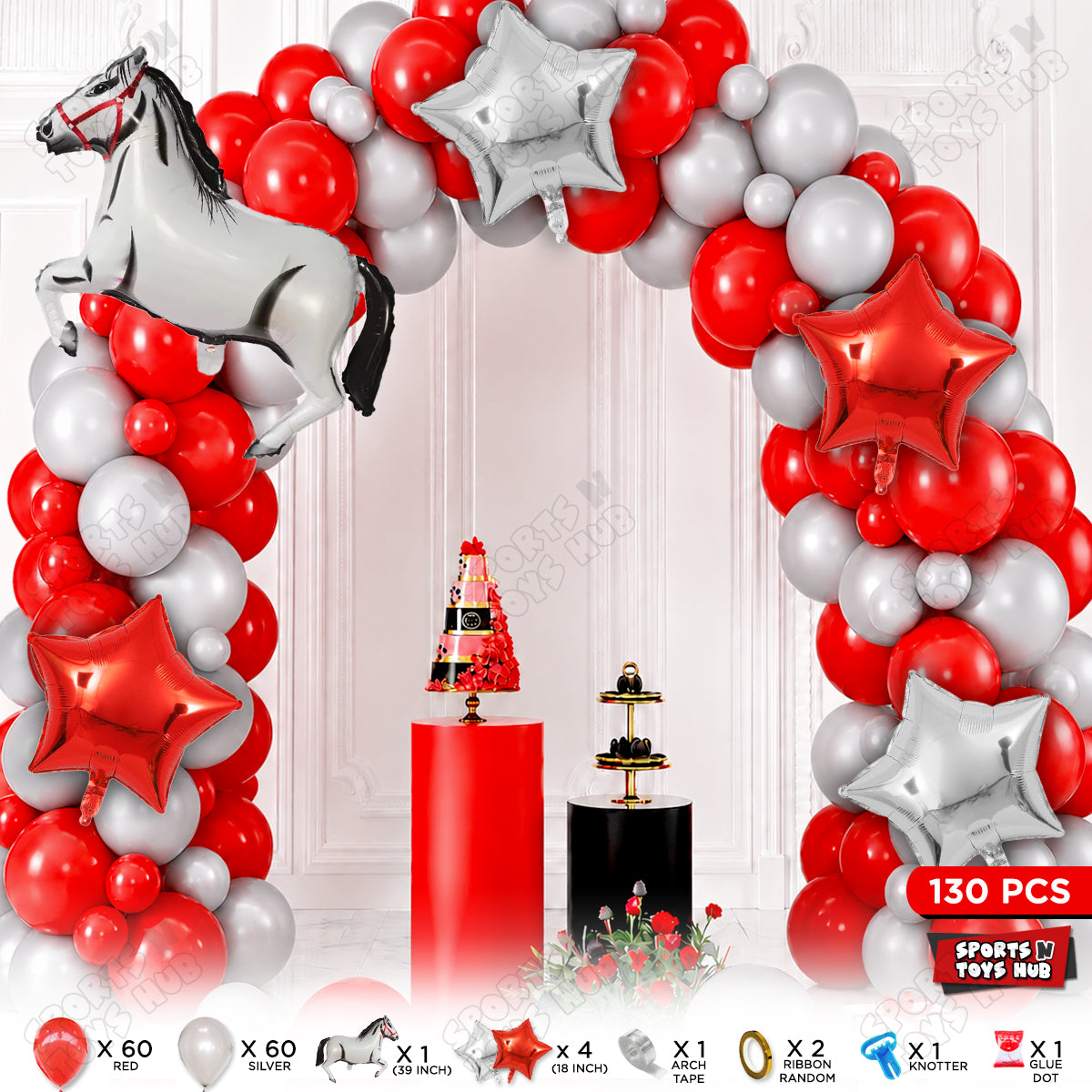 Red & Silver Balloon Arch Garland Kit with Horse Foil Balloon Set – 130 Pcs Birthday Party Decorations for Kids, Boys & Girls, DIY Balloon Arch Kit, Farm Animal Theme, Baby Shower & Party Supplies