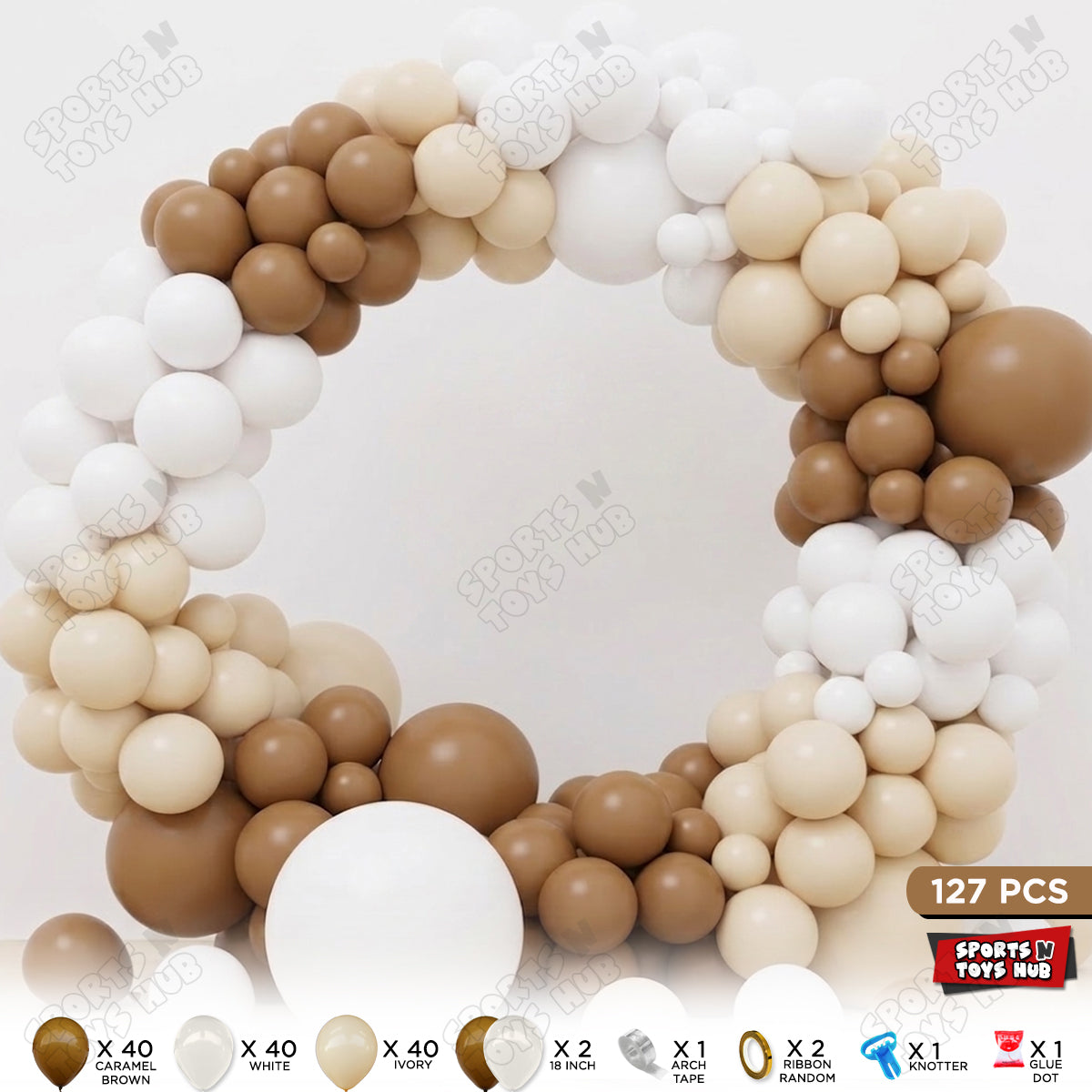 127 PCS Neutral Balloon Arch Garland Kit – Caramel Brown, Ivory & White Balloons with Arch Tape, Ribbon, Glue Dot | Elegant Birthday & Event Backdrop Decoration