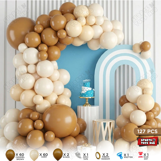 Caramel Brown & Ivory Balloon Arch Garland Kit – 127 PCS with 18 Inch Balloons, Arch Tape, Ribbon, Knotter & Glue Dots for Baby Shower, Birthday & Party Decorations