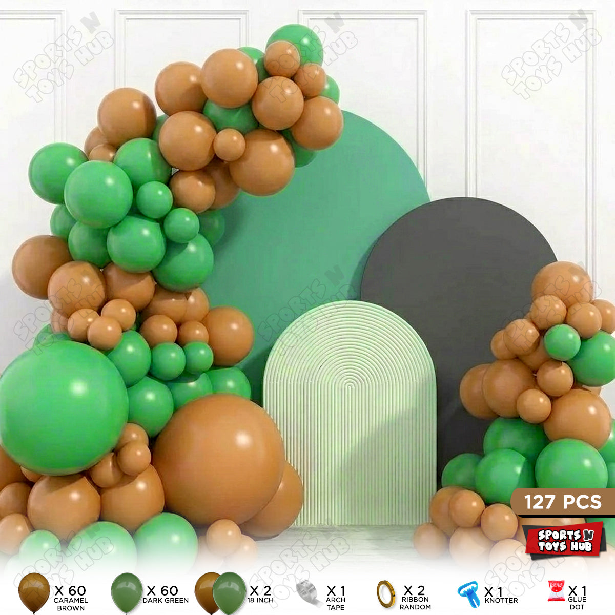 Natural Green & Caramel Balloon Arch Garland Kit – 127 PCS Organic Balloon Decoration Set with Arch Tape, Ribbon & Glue Dots for Birthday Party, Jungle Safari & Event Backdrop Decor