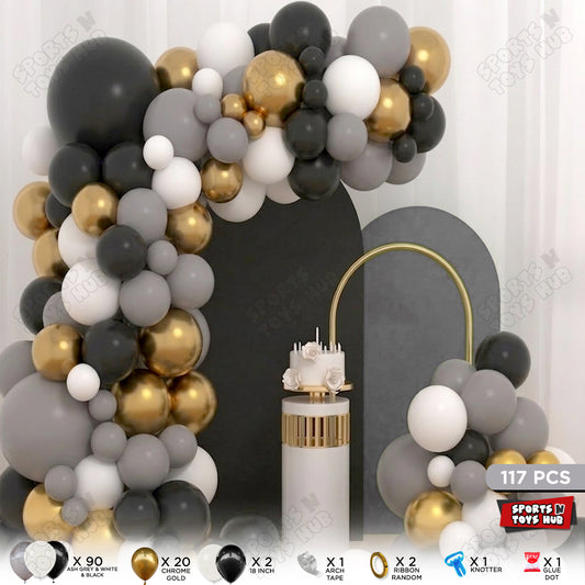 Black Gold & Grey Balloon Arch Garland Kit – 117 PCS Premium Chrome Gold, White & Ash Grey Balloons