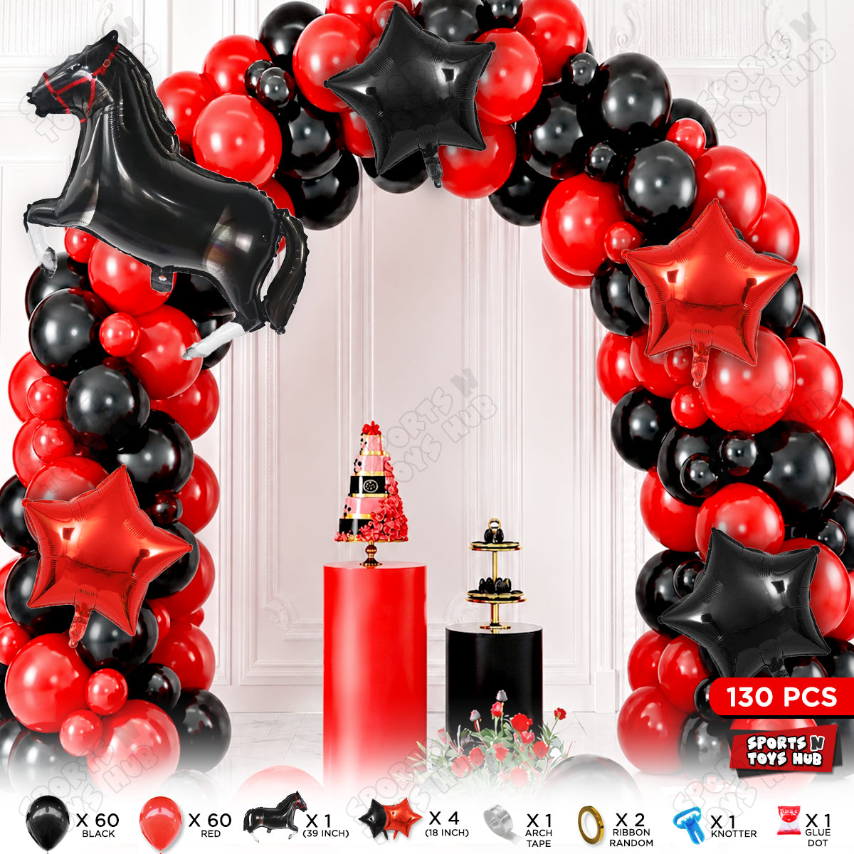 Red & Black Balloon Arch Garland Kit with Horse Foil Balloon Set – 130 Pcs DIY Birthday Party Decorations for Kids, Boys & Girls, Horse Theme Balloon Arch Kit, Farm Animal, Western Theme, Baby Shower & Event Party Supplies